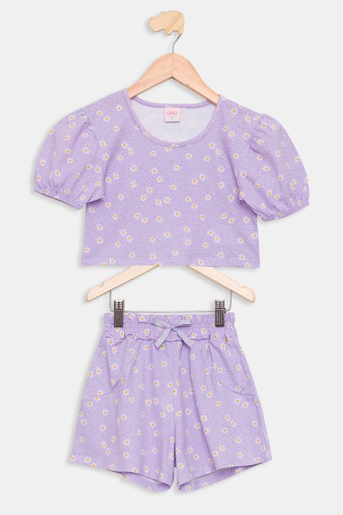 Conjunto Infantil 4 a 8 anos Meninas Florzinhas Lilás