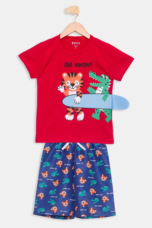 Conjunto Infantil Camiseta e Shorts Animais Vermelho e Azul Tam 4 a 8