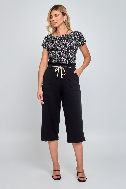 Calça Feminina Casual Cinto Cadarço Preto
