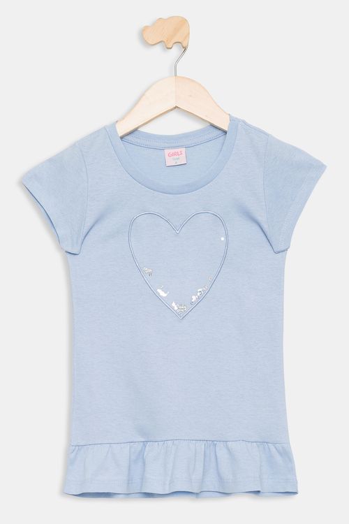 Blusa Infantil 4 a 8 Meninas Tule Coração Azul Claro