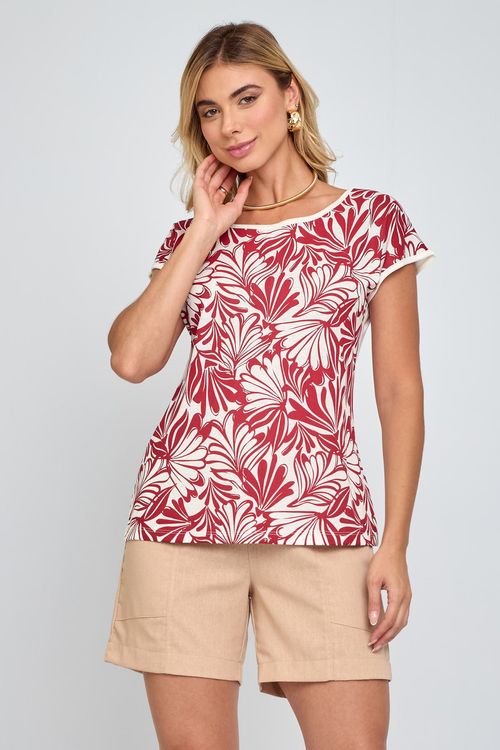 Blusa Feminina Casual em Viscose Estampada Vermelha e Branca