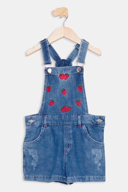 Jardineira Infantil Morangos Jeans Médio Tam 4 a 8