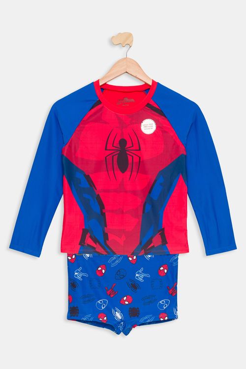 Conjunto Infantil Rashguard e Sunga Homem-Aranha Azul e Vermelho Tam 4 a 10