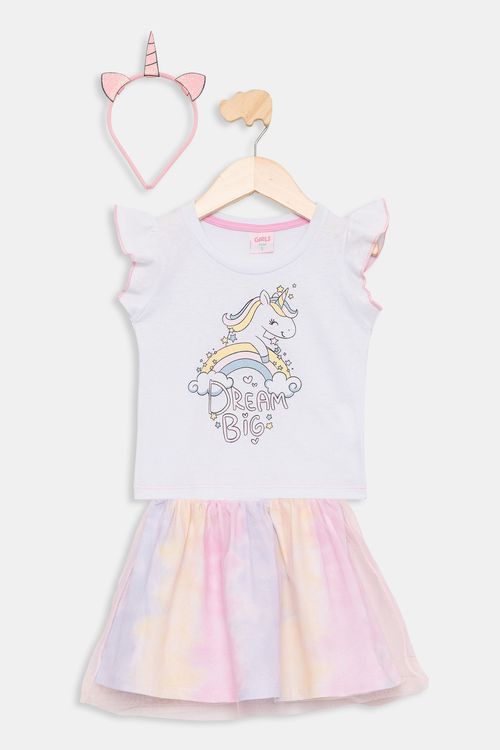 Conjunto Infantil Camiseta Saia e Tiara Unicórnio Branco e Rosa Tam 1 a 3