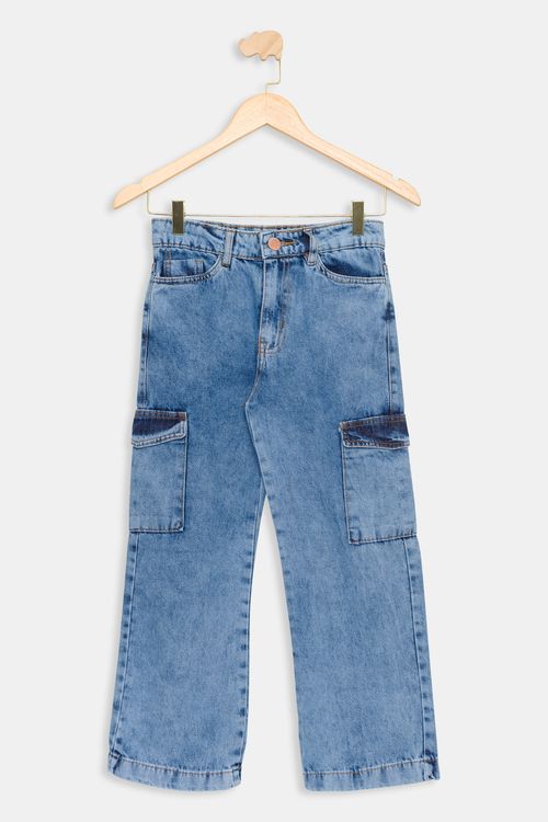 Calça Juvenil Wide Leg Cargo Jeans Médio Tam 10 a 16