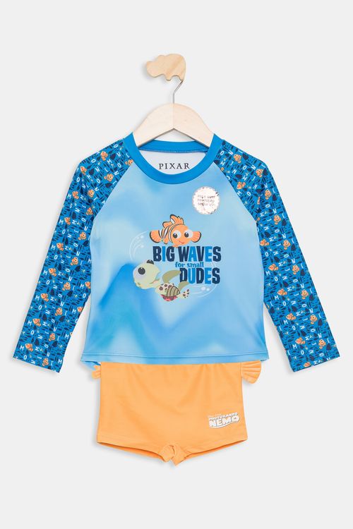 Conjunto Infantil Rashguard com Sunga Nemo Azul e Laranja Tam 1 a 3