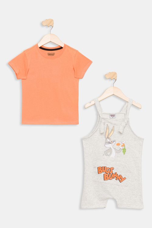 Conjunto Infantil Camiseta e Jardineira Pernalonga Laranja e Mescla Tam 1 a 3