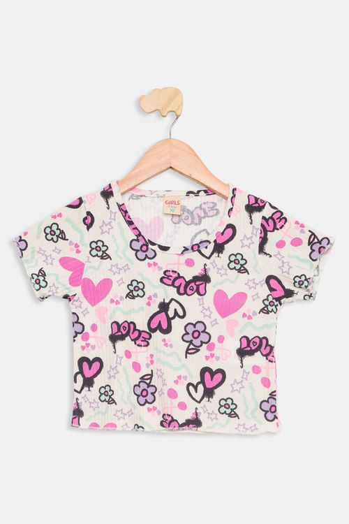 Blusa Infantil 10 a 16 Meninas em Ribana Coração Floral Branca