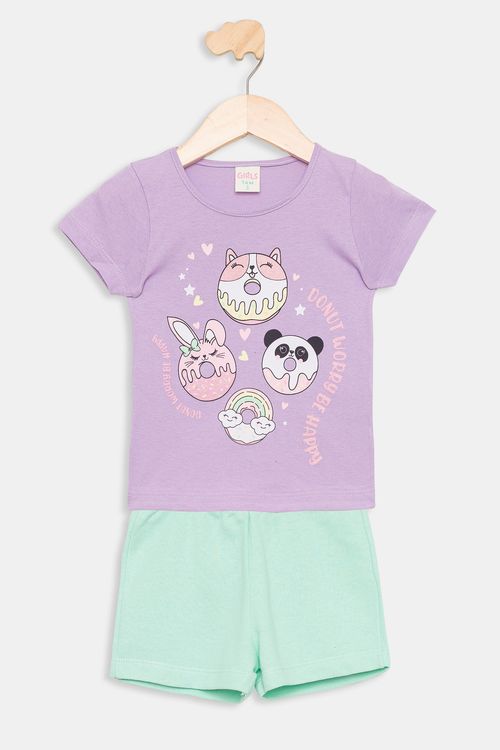 Conjunto Infantil Camiseta e Shorts Donuts Lilás e Verde Tam 1 a 3