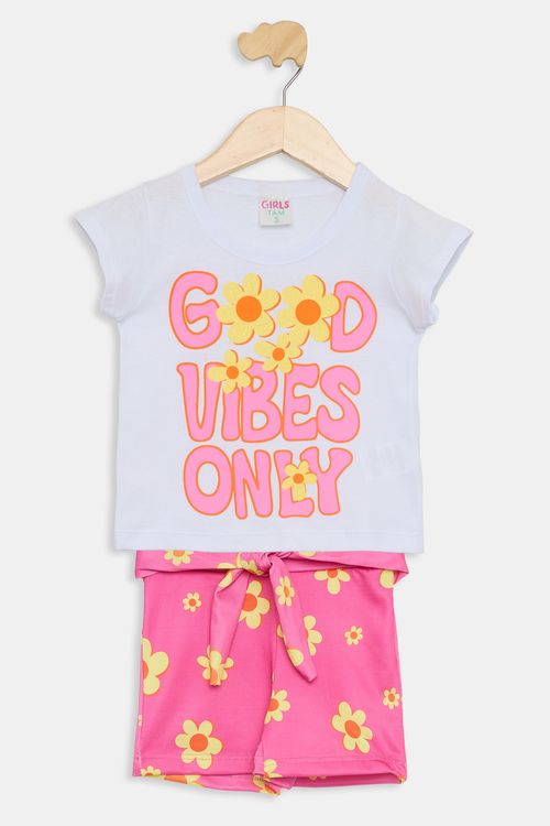 Conjunto Infantil Camiseta e Shorts Margaridas Branco e Rosa Tam 1 a 3