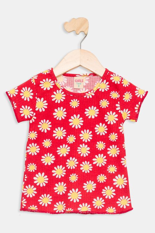 Blusa Infantil em Ribana Floral Vermelha Tam 1 a 3