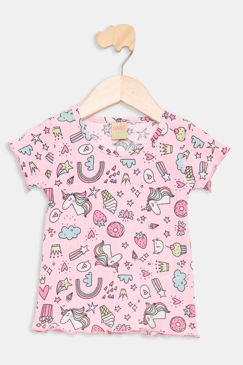 Blusa Infantil em Ribana Unicórnio Rosa Médio Tam 1 a 3