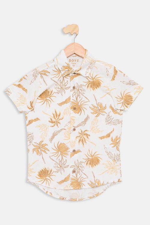 Camisa Juvenil Caedu Folhagens Tropical Bege Algodão