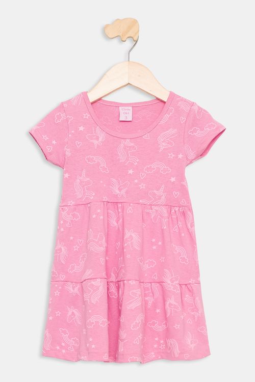 Vestido Infantil Caedu Rosa Unicórnio Meia Malha 1-3A