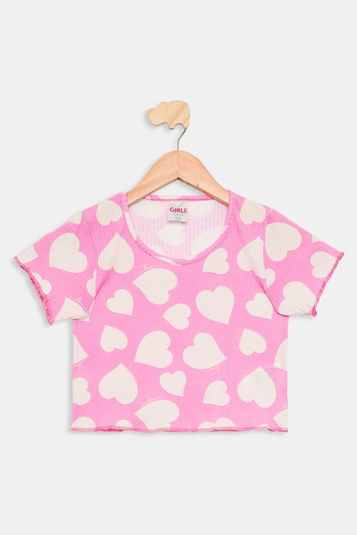 Blusa Infantil Caedu Crop Top Coração Rosa Neon 10-16