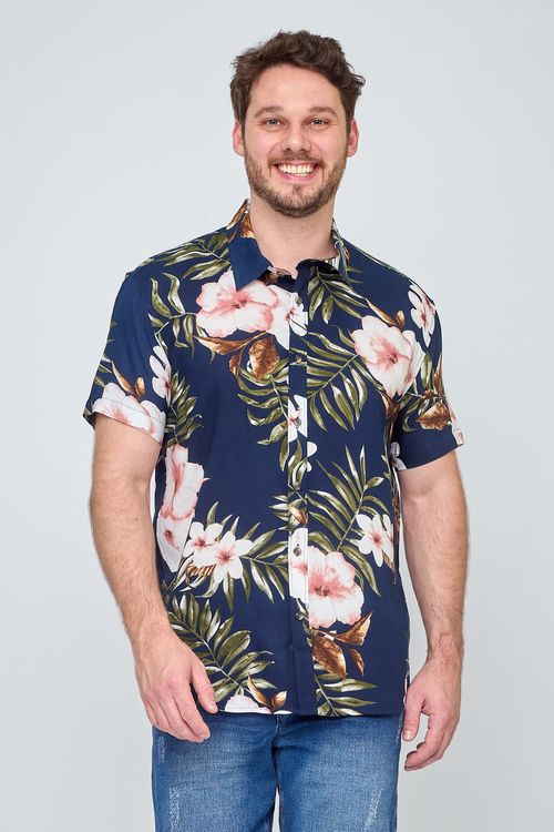 Camisa Masculina Floral Azul Escuro