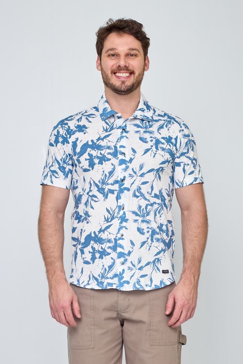 Camisa Casual Folhas Azul e Branco