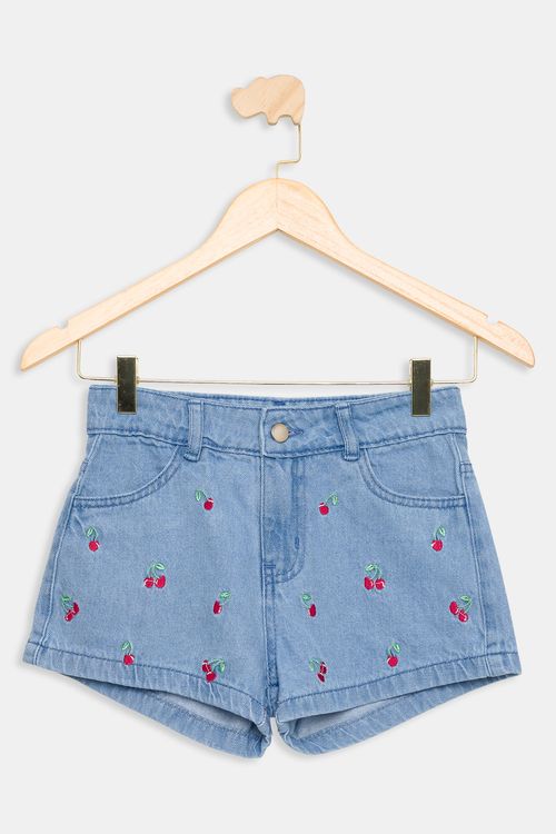 Shorts Juvenil Cerejas Jeans Médio Tam 10 a 16