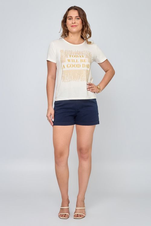 Short Feminino Casual em Sarja com Cinto Azul Escuro