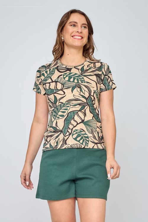 Blusa Feminina em Viscolycra Folhagem Bege