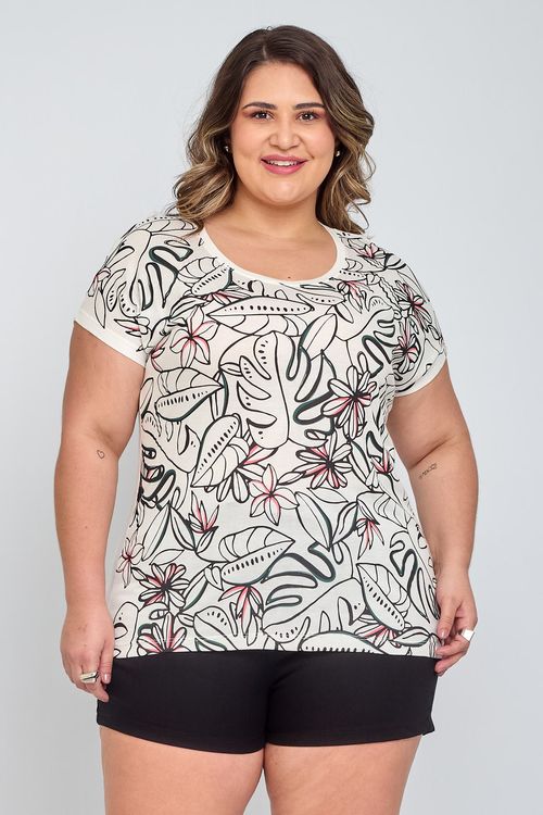 Blusa Feminina em Viscolycra Feita Pra Mim Folhas Branca