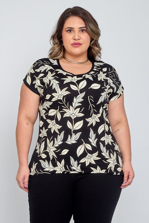 Blusa Feminina em Viscolycra Feita Pra Mim Folhas Preta
