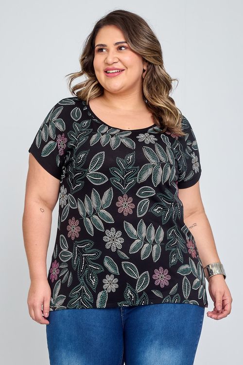 Blusa Feminina em Viscolycra Feita Pra Mim Folhagem Preta