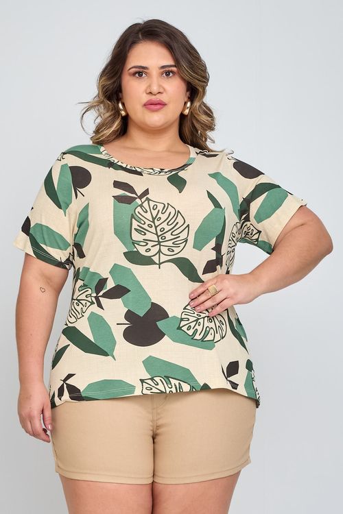 Blusa Feminina em Viscolycra Feita Pra Mim Folhas Off White