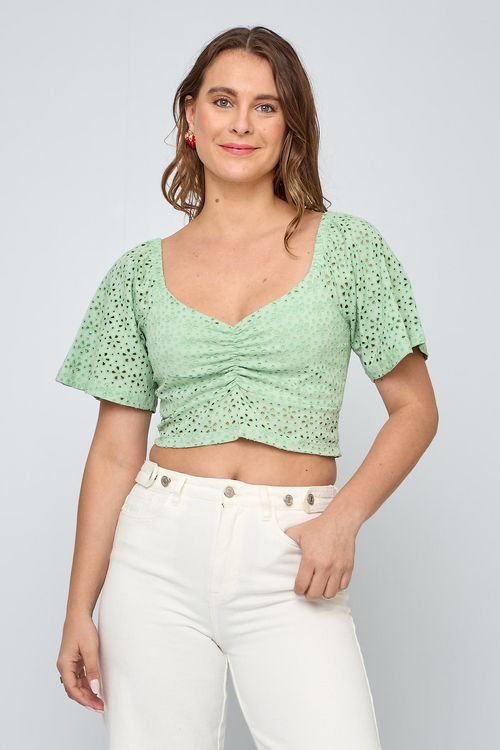 Top Feminino Romântico em Malha Laise Verde Claro