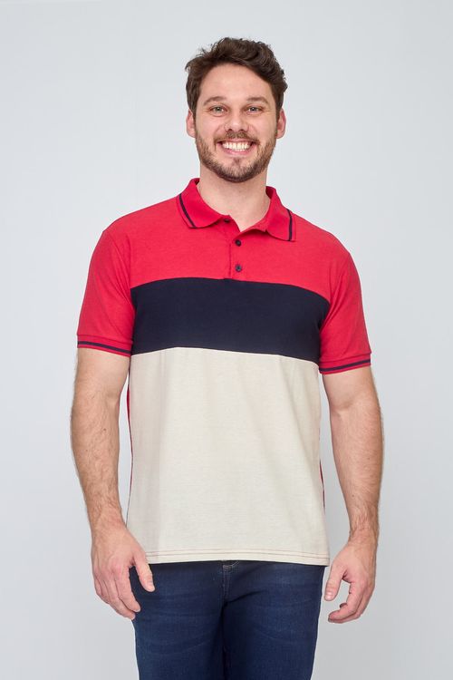 Polo Masculina Casual Vermelha Preta e Off White