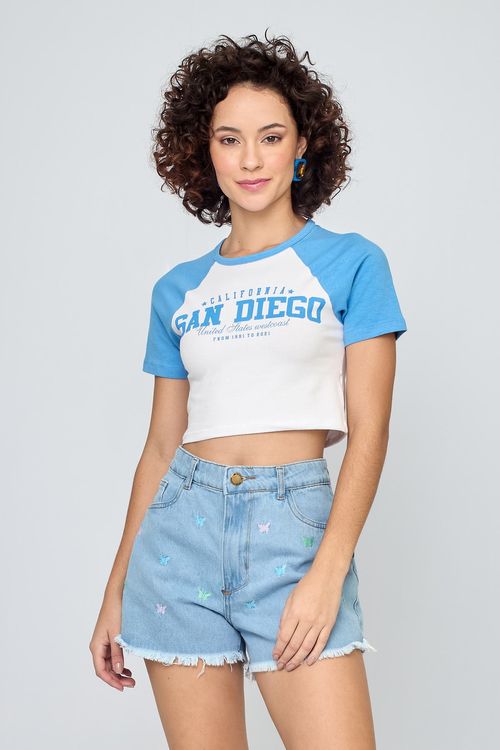 Blusa Cropped Feminina em Cotton Raglan Branca e Azul
