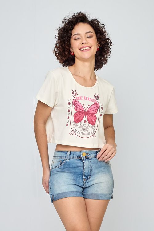 Blusa Feminina Borboleta com Strass Off White