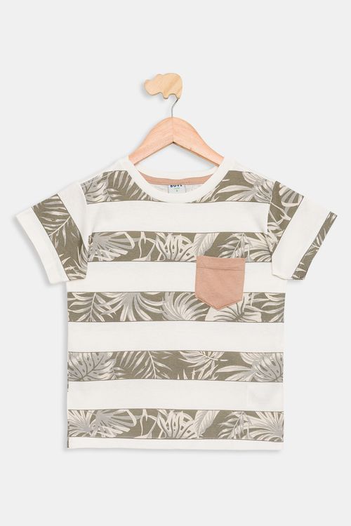 Camiseta Infantil Listrada Folhagem Off White Tam 4 a 8