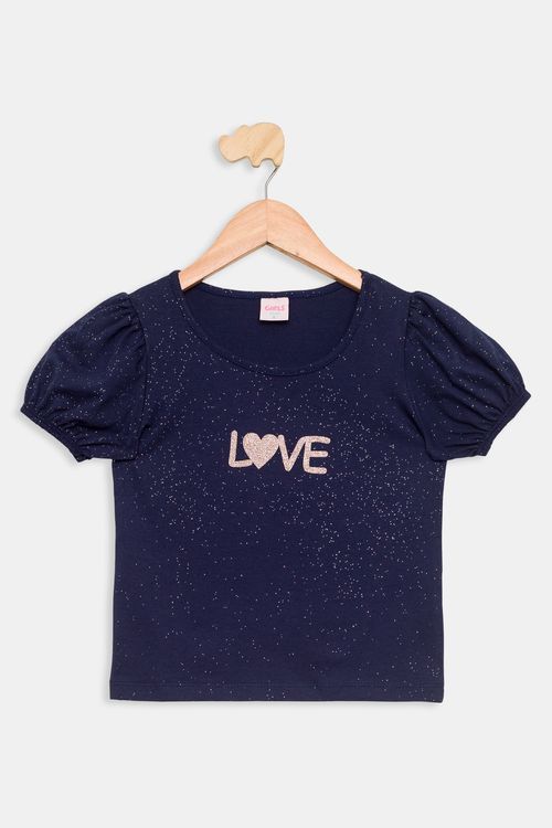 Blusa Infantil com Glitter Love Azul Marinho Tam 4 a 8