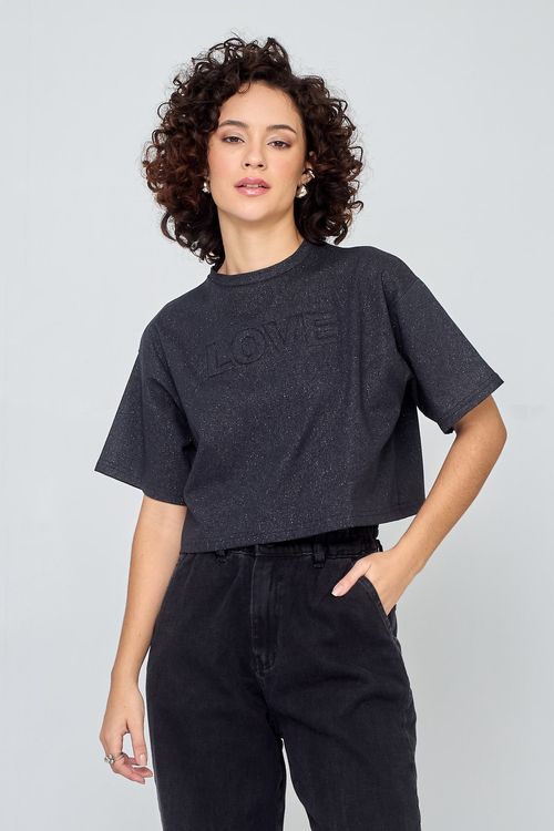 Top Feminino Fashion em Malha com Glitter Preta