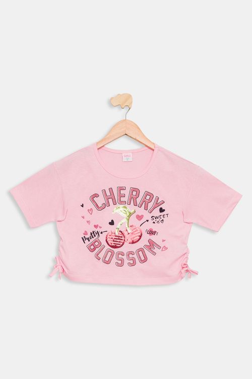 Blusa Juvenil Paetê Cherry Rosa Claro 10-16 Anos