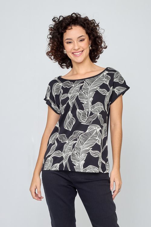 Blusa Feminina Casual em Viscose Folhas Azul Marinho