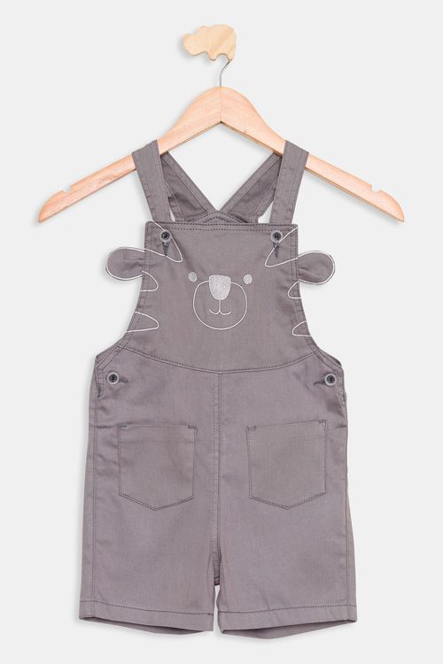 Jardineira Infantil de Sarja com Bordado Cinza Escuro Tam 1 a 3