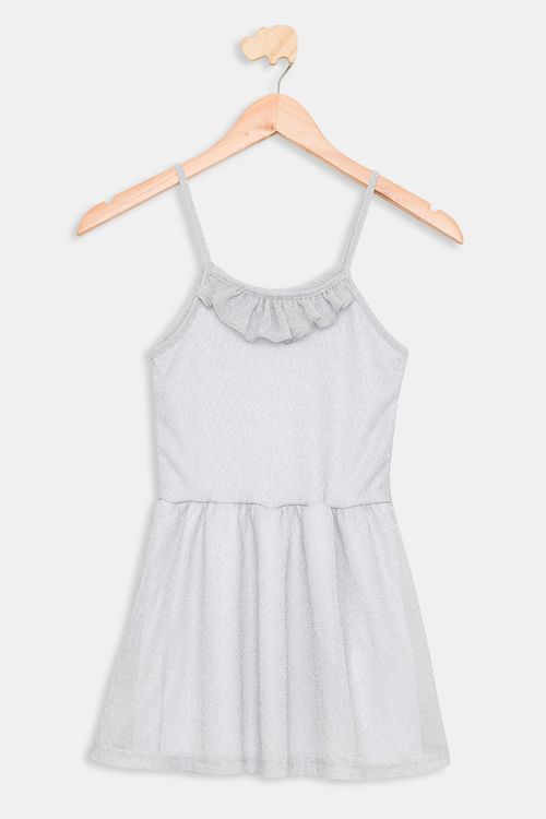 Vestido Festa Juvenil Prata Metálico Lurex Caedu 10-16 Anos