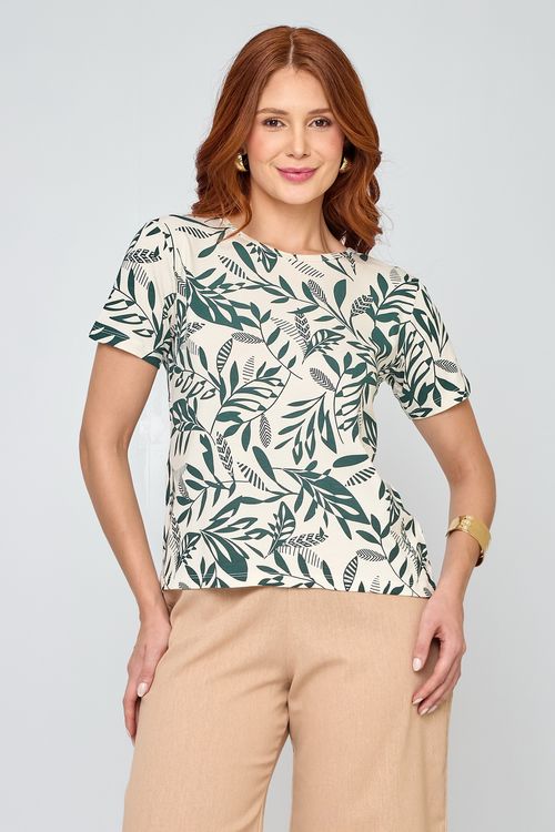 Blusa Feminina Verde e Off-White Folhagem Tropical
