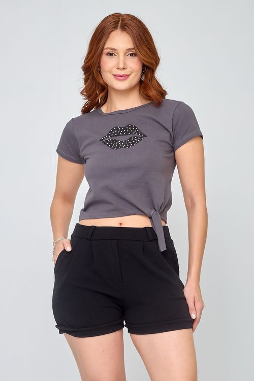 Blusa Cropped Feminina Estampada Cinza