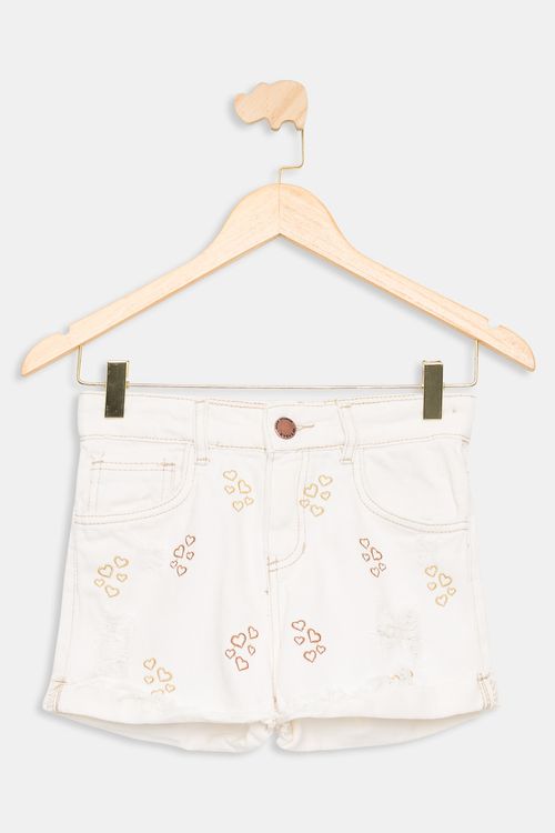 Short Jeans Juvenil Caedu Branco Bordado Corações 10-16