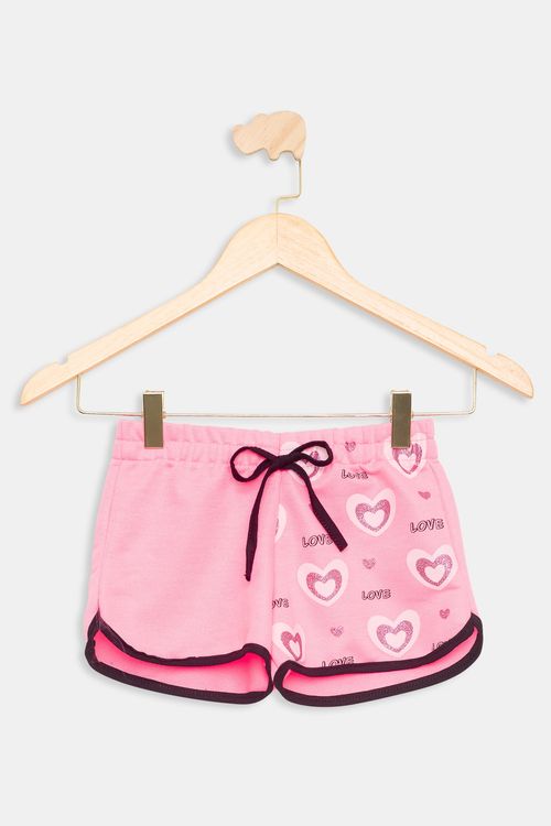 Short Infantil Caedu Runner Moletom Corações LOVE Rosa
