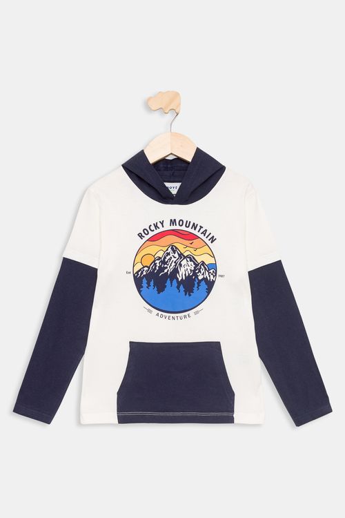 Camiseta Infantil com Capuz Montanhas Branca e Azul Escuro Tam 4 a 8