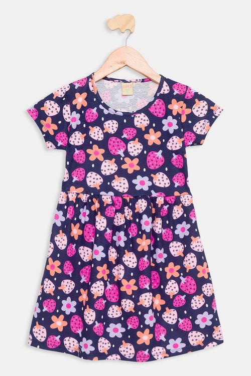 Vestido Infantil Morangos Azul Marinho Tam 4 a 8