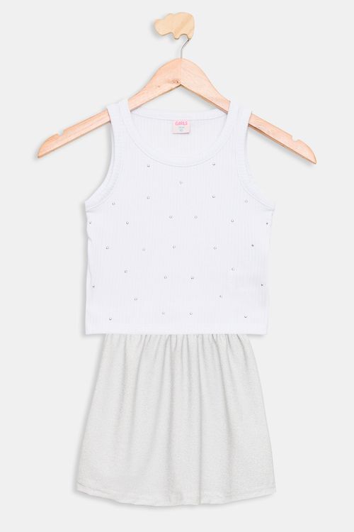 Conjunto Juvenil Caedu: Blusa Branca e Saia Metálica 10-16