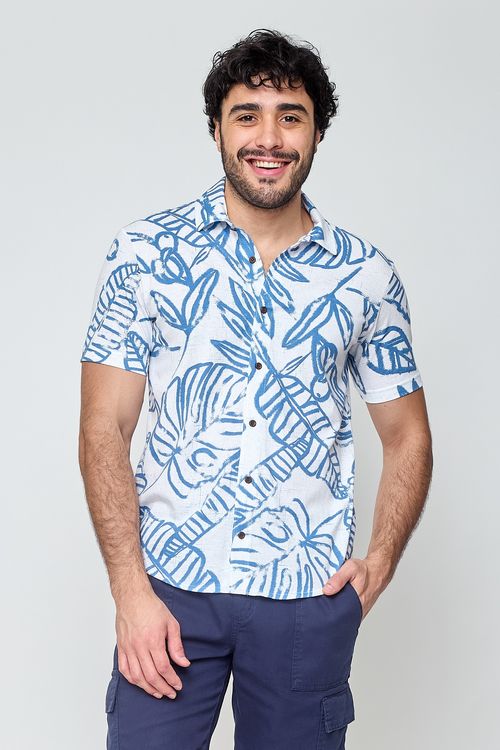 Camisa Masculina Folhagem Branca Algodão Caedu