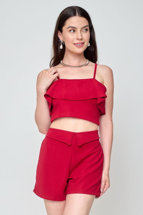 Regata Feminina Caedu Crepe Fashion Babado Vermelha