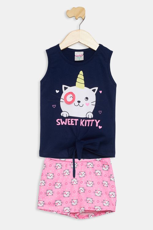 Conjunto Infantil Gatinho Azul Marinho Tam 1 a 3