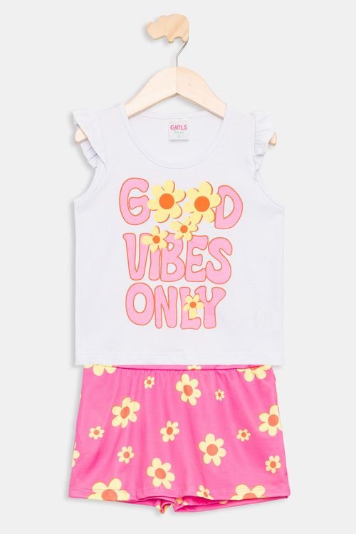 Conjunto Infantil Caedu Good Vibes Floral Branco Rosa 4-8